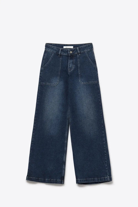 Jeans en denim à jambes larges avec poches plaquées utilitaires - Pantalons