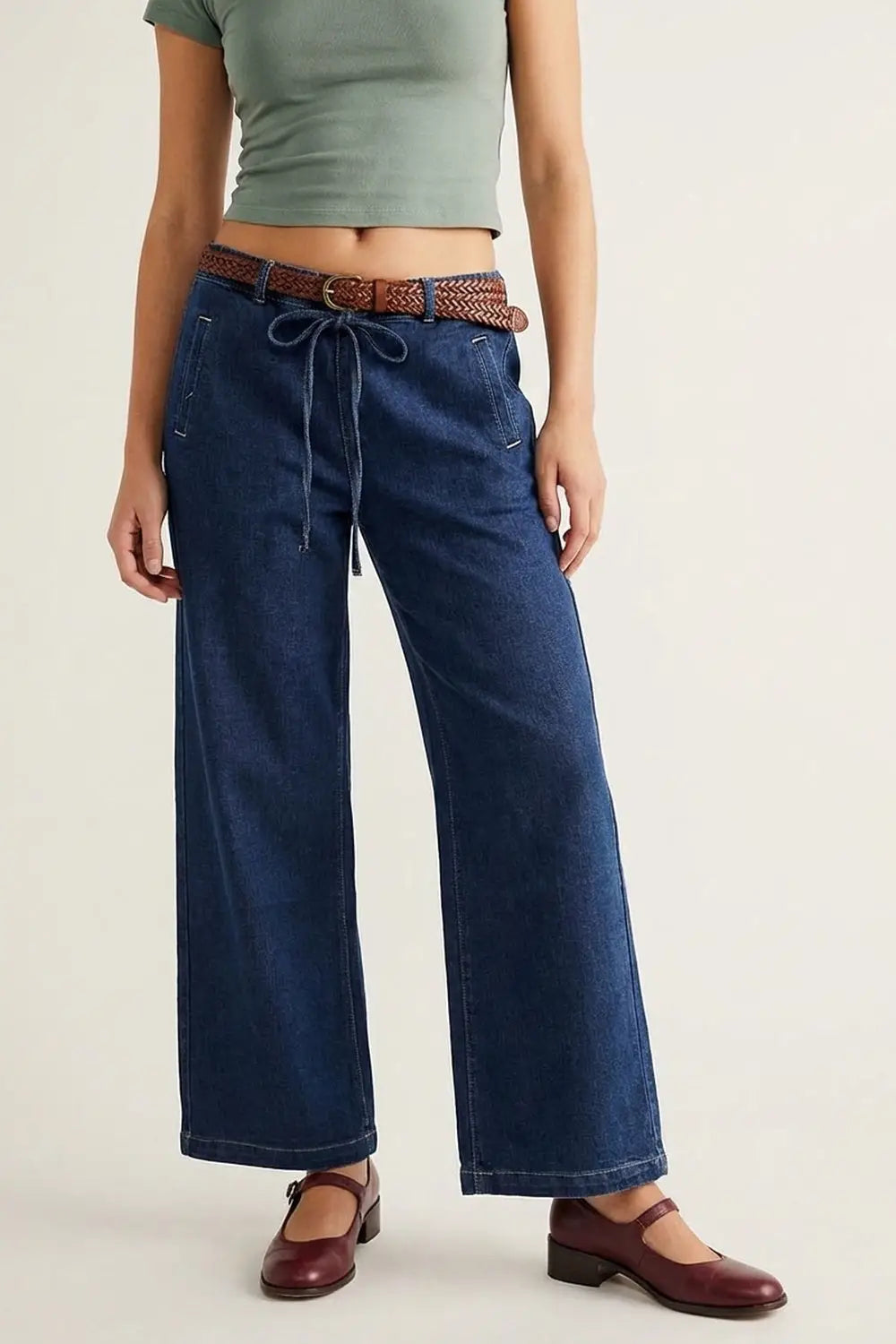 Q2 Jeans en denim bleu à jambes larges et à nouer