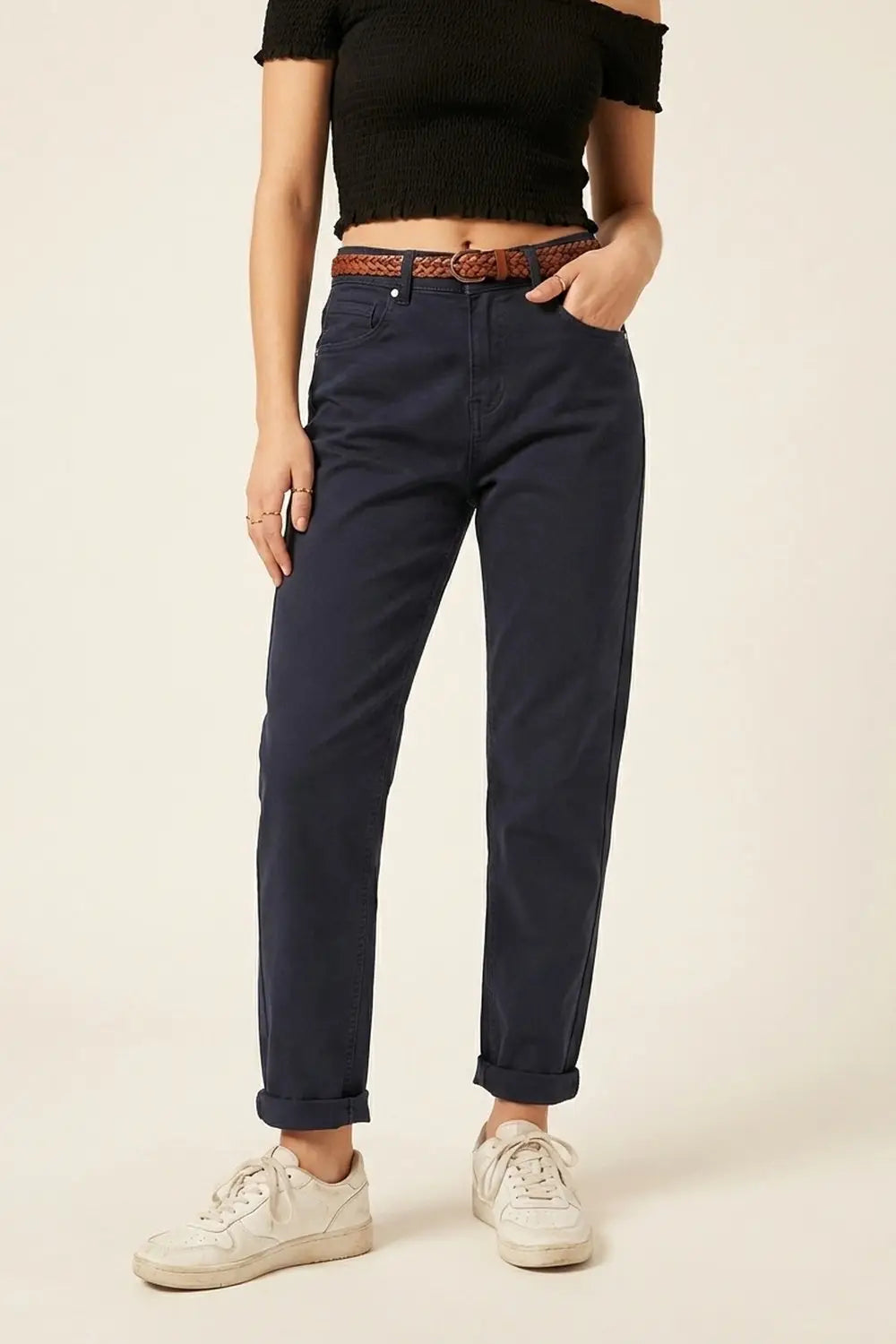 Q2 Jeans en denim bleu marine à taille haute et jambe droite