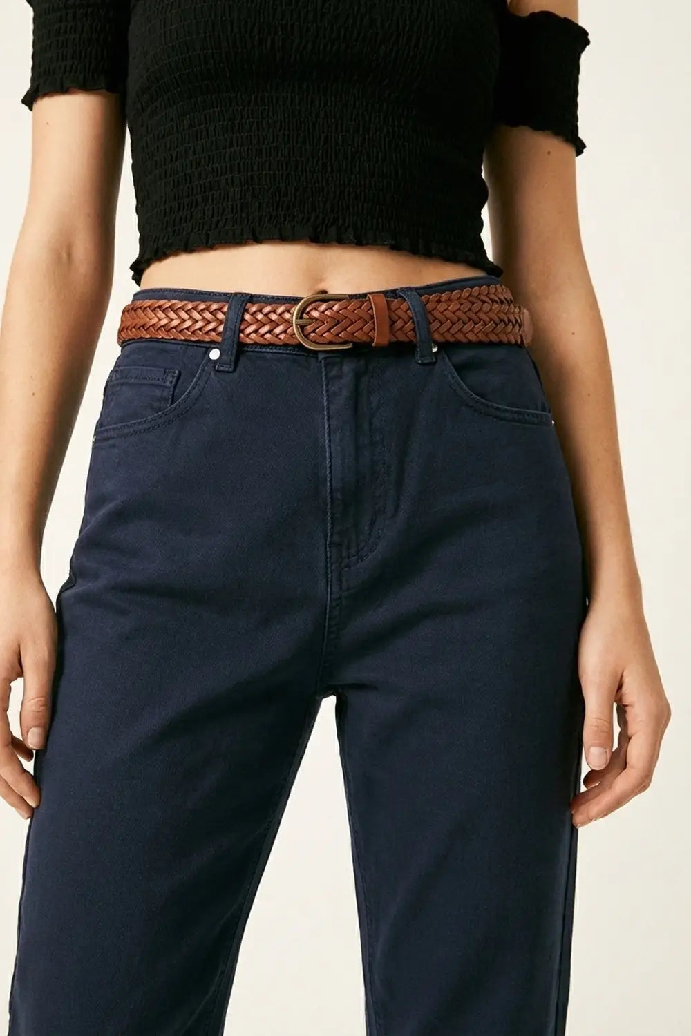 Jeans en denim bleu marine à taille haute et jambe droite - Pantalons