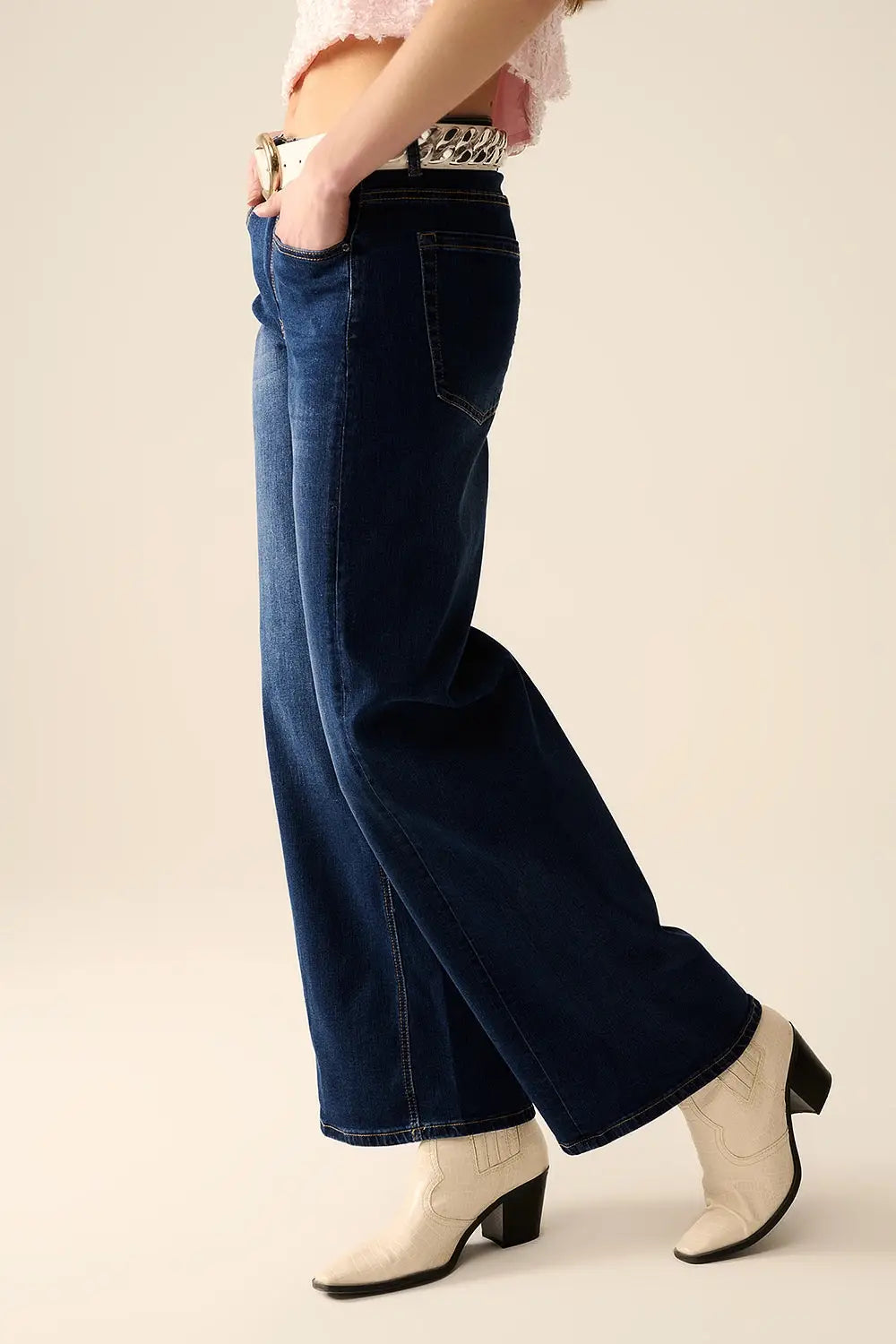 jeans en denim extensible à jambe large lavés foncés - Pantalons