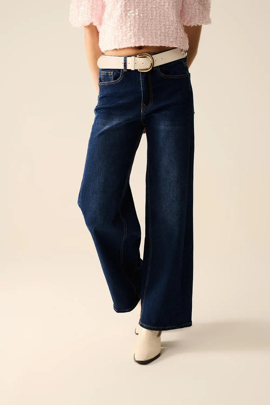 jeans en denim extensible à jambe large lavés foncés - Pantalons