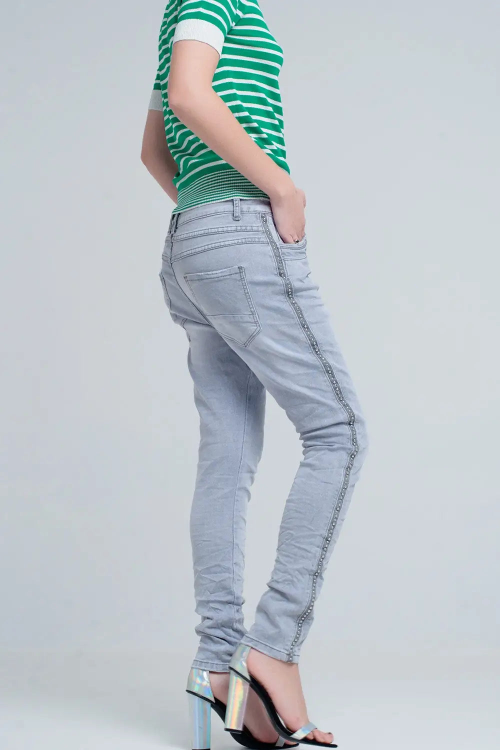 jeans gris avec détail métallique - Pantalons