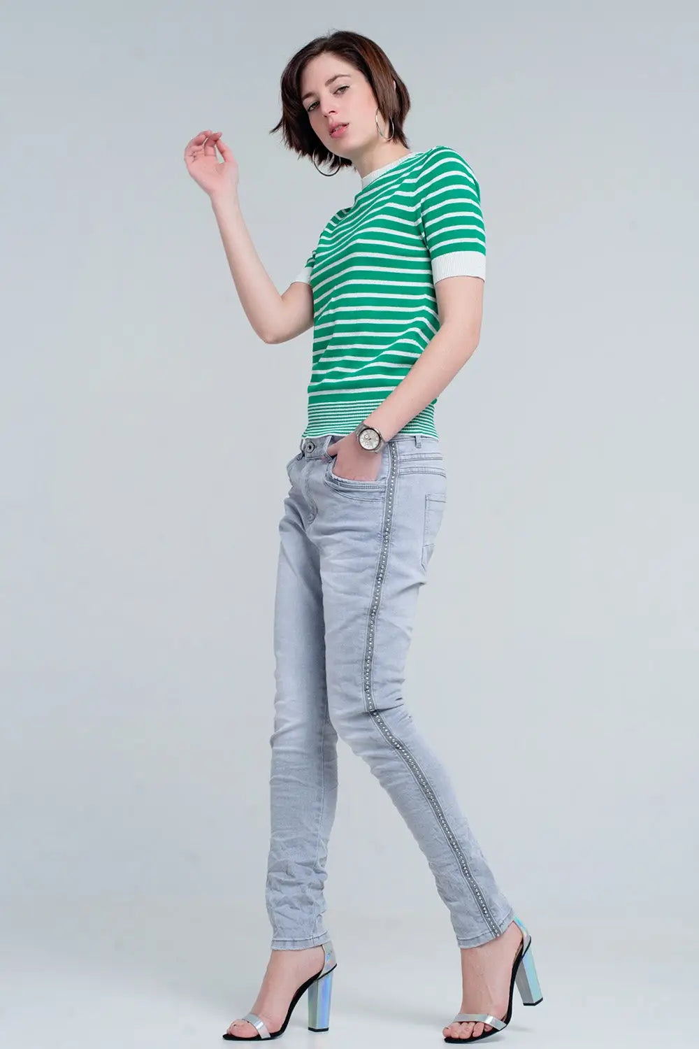 jeans gris avec détail métallique - Pantalons