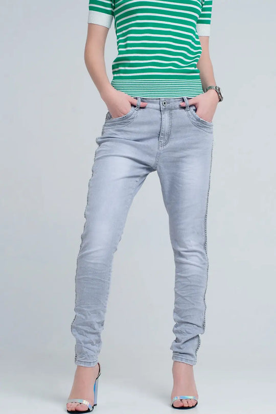 jeans gris avec détail métallique - Pantalons
