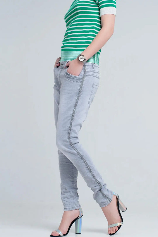 jeans gris avec détail métallique - Pantalons