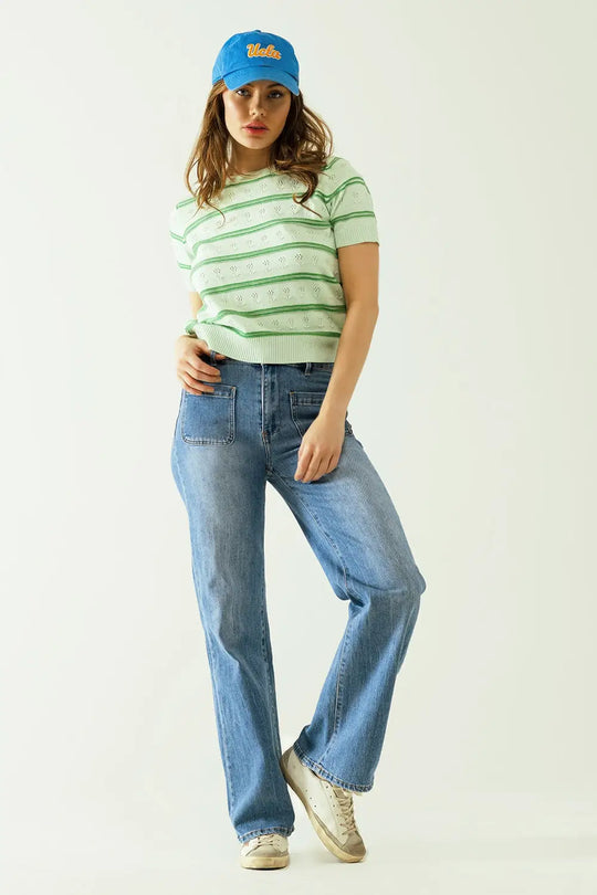 Jeans jambes larges avec fermeture frontale par boutons métalliques et poches frontales - Pantalons