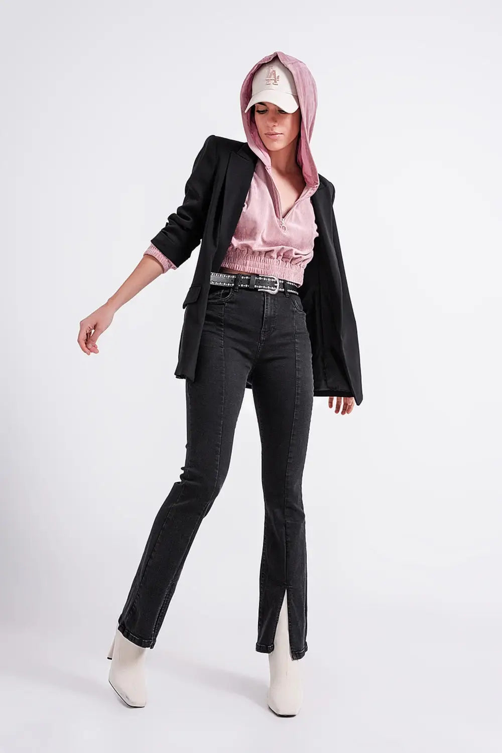 Jeans noir évasé à ourlet fendu - Pantalons