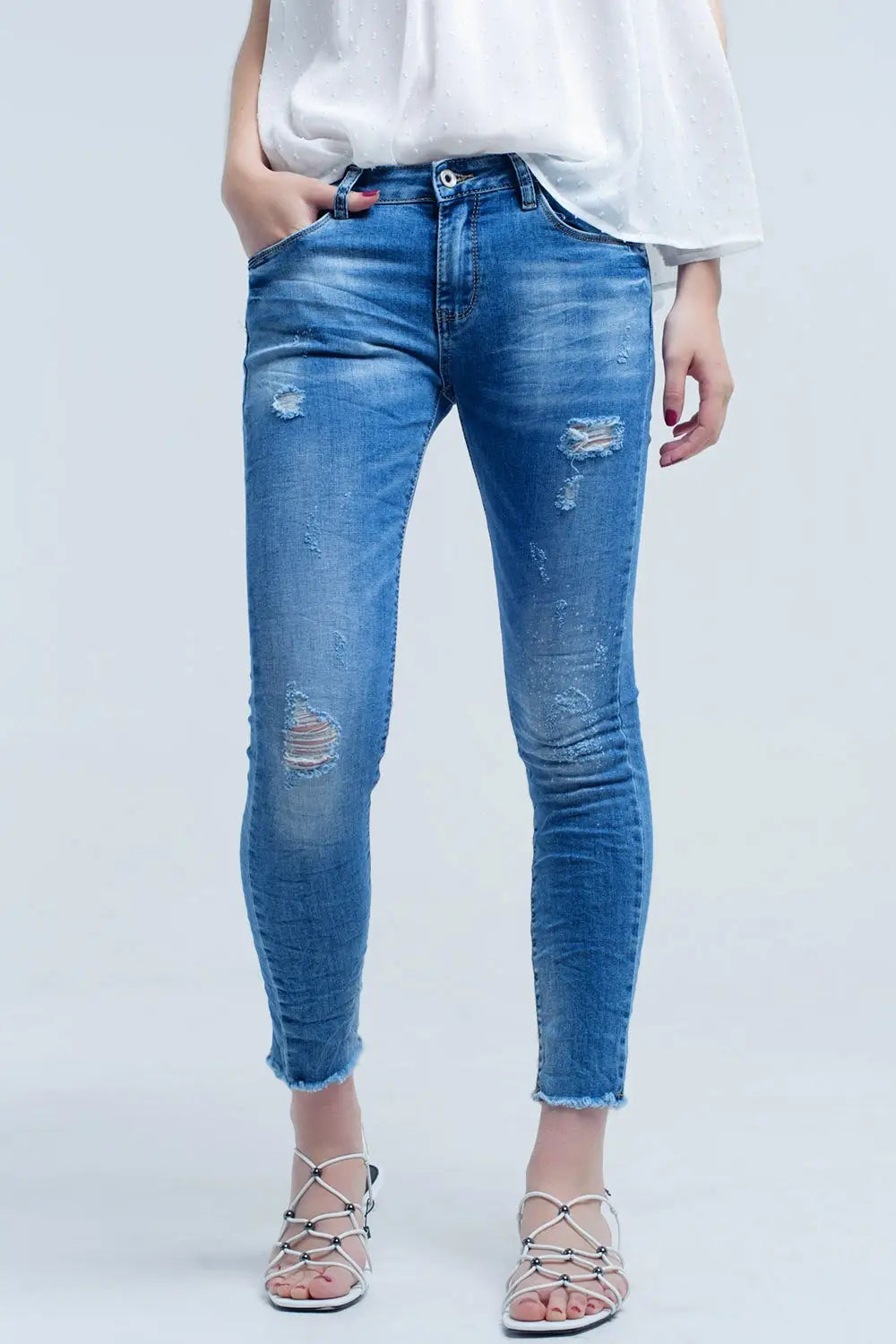Jeans skinny à lavage moyen avec déchirures - Pantalons