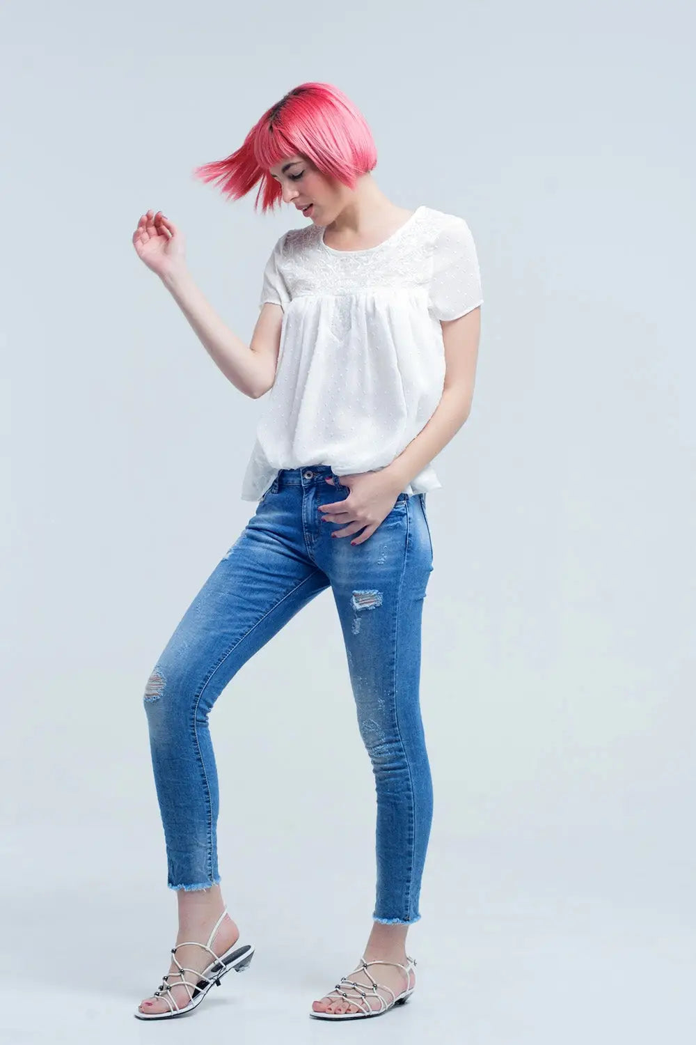 Jeans skinny à lavage moyen avec déchirures - Pantalons