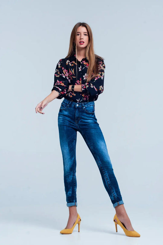 Jeans Skinny Bleu ridée taille haute - Pantalons