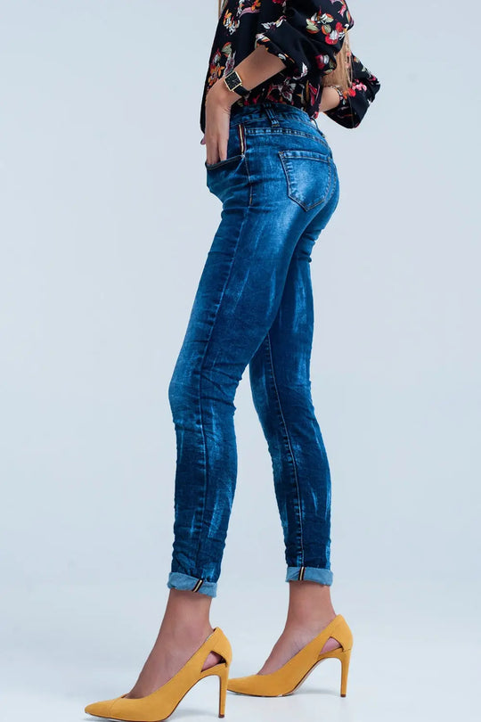 Jeans Skinny Bleu ridée taille haute - Pantalons