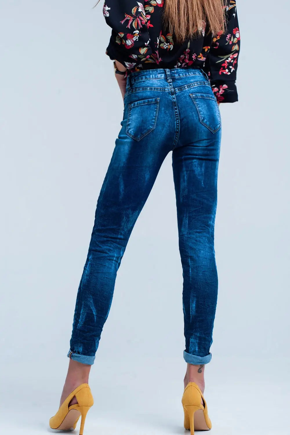 Jeans Skinny Bleu ridée taille haute - Pantalons