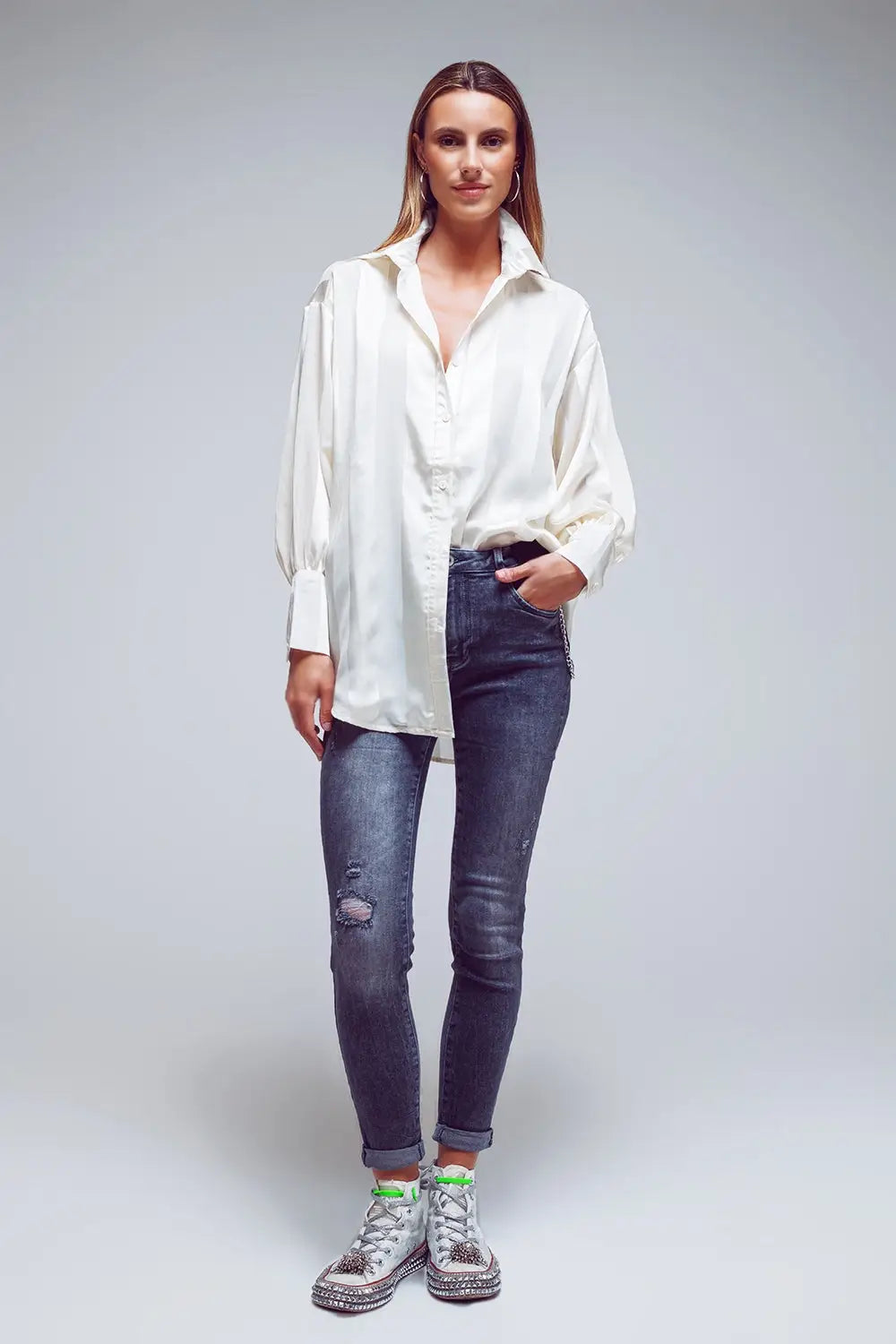 Jeans skinny déchirés en gris - Pantalons