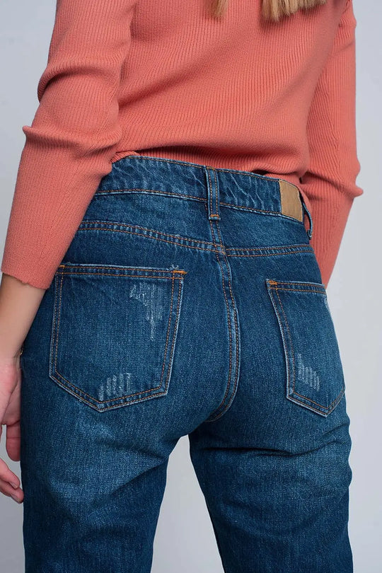 Jeans slim taille haute de maman en bleu lavé avec déchirures sur le devant - Pantalons