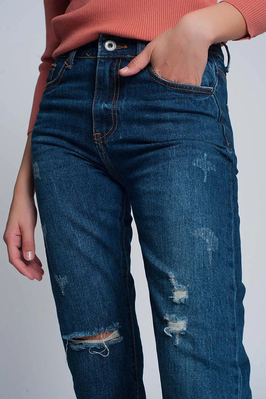 Jeans slim taille haute de maman en bleu lavé avec déchirures sur le devant - Pantalons