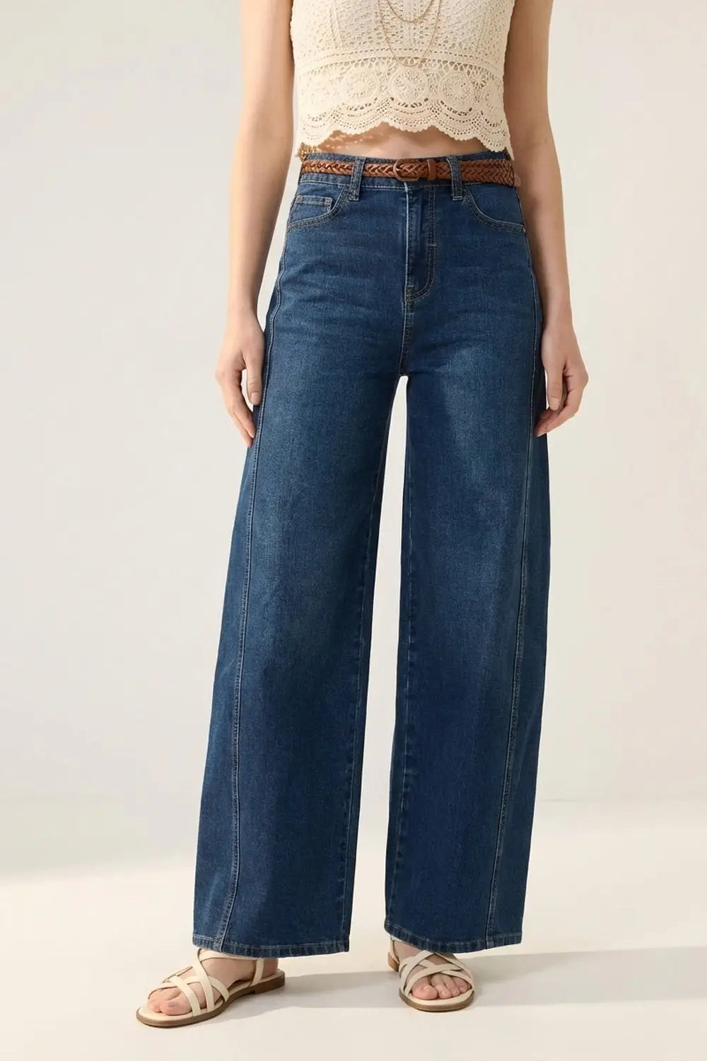 Q2 Trendy Wide-Leg Blue Denim Jeans with Tie