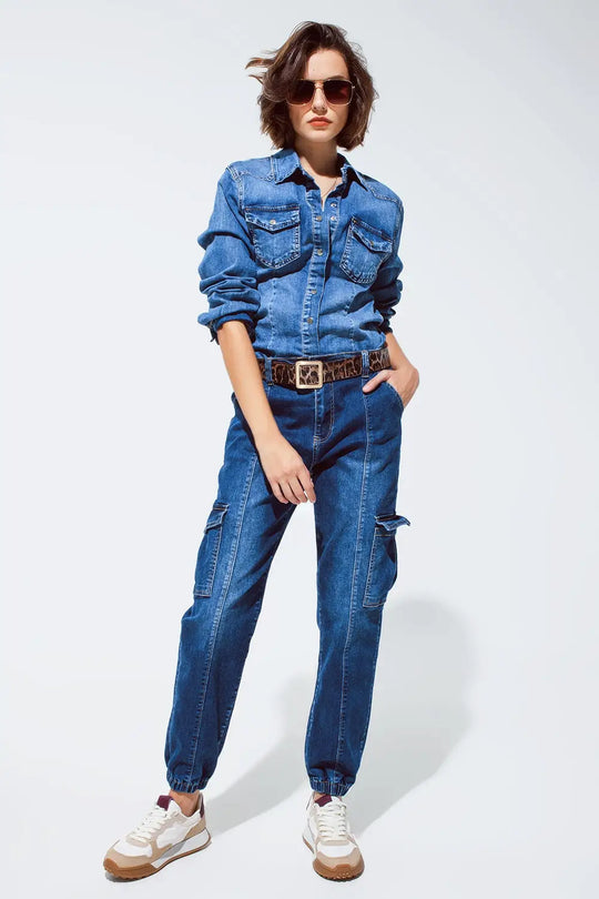 Jeans style cargo avec couture sur le devant en délavage moyen - Pantalons