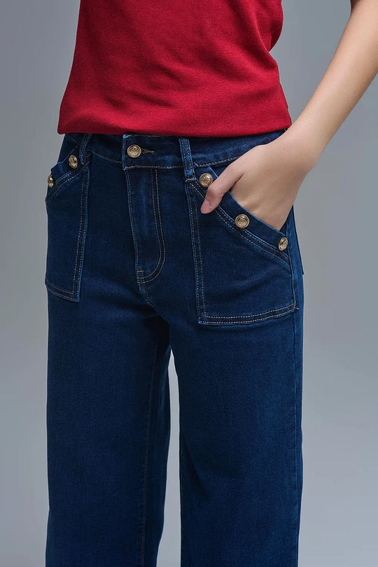 Jeans style marin avec ourlet plié en léopard contrasté - Pantalons