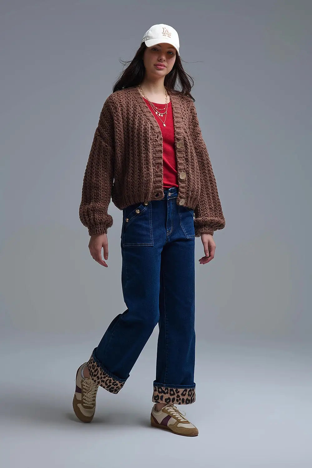 Jeans style marin avec ourlet plié en léopard contrasté - Pantalons