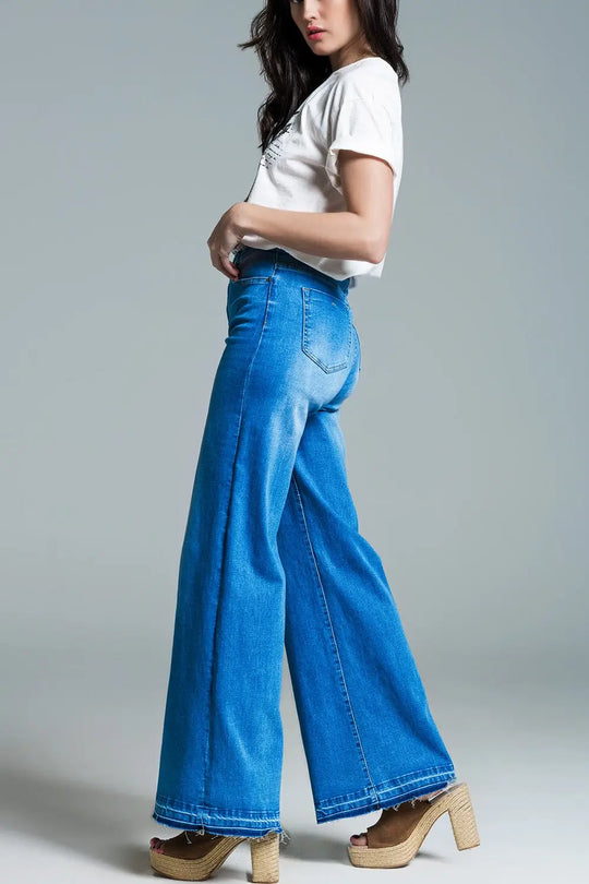 Jeans style palazzo à délavage moyen avec double piqûre à l’ourlet - Pantalons