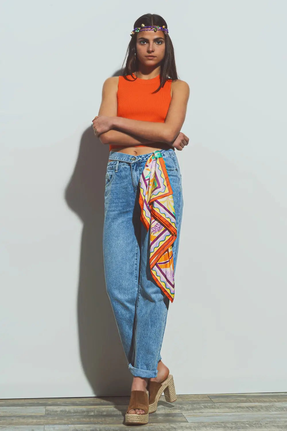 Jeans with Belt Detail in Med Wash - Jeans