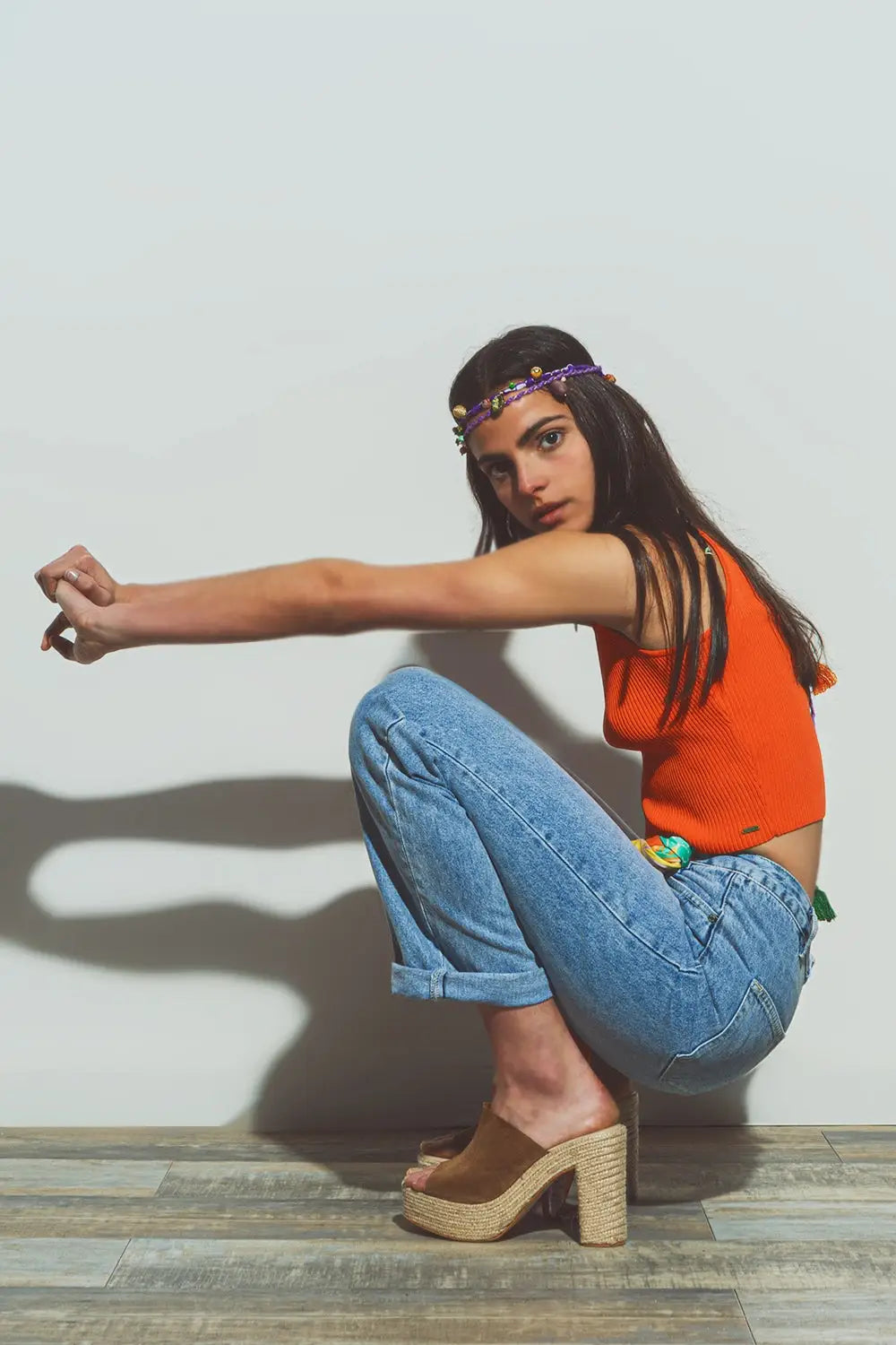 Jeans with Belt Detail in Med Wash - Jeans