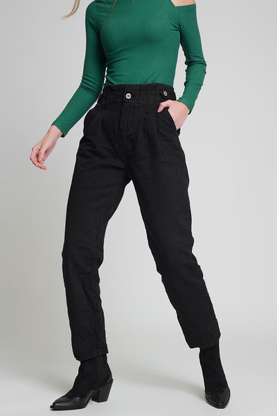 Q2 Jeans with paper bag waist and button details in black