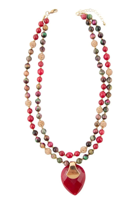 Jeweled Multi-Color Tiger’s Eye and Rasberry Quartz Pendant Golden Necklace - Necklaces