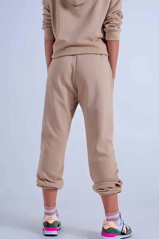 Jogger basique en coton avec lien à nouer beige - Pantalons