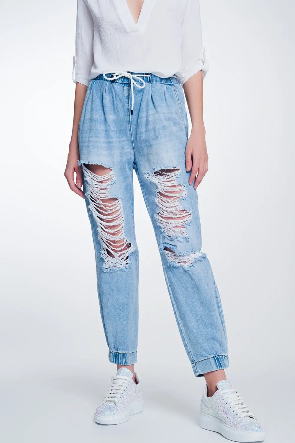 Q2 Jogger en jean déchirés  bleu clair délavé