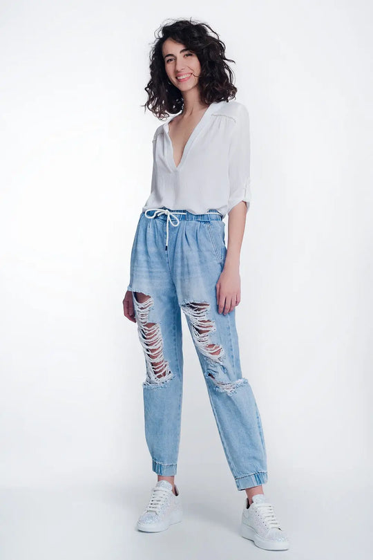 Jogger en jean déchirés bleu clair délavé - Pantalons
