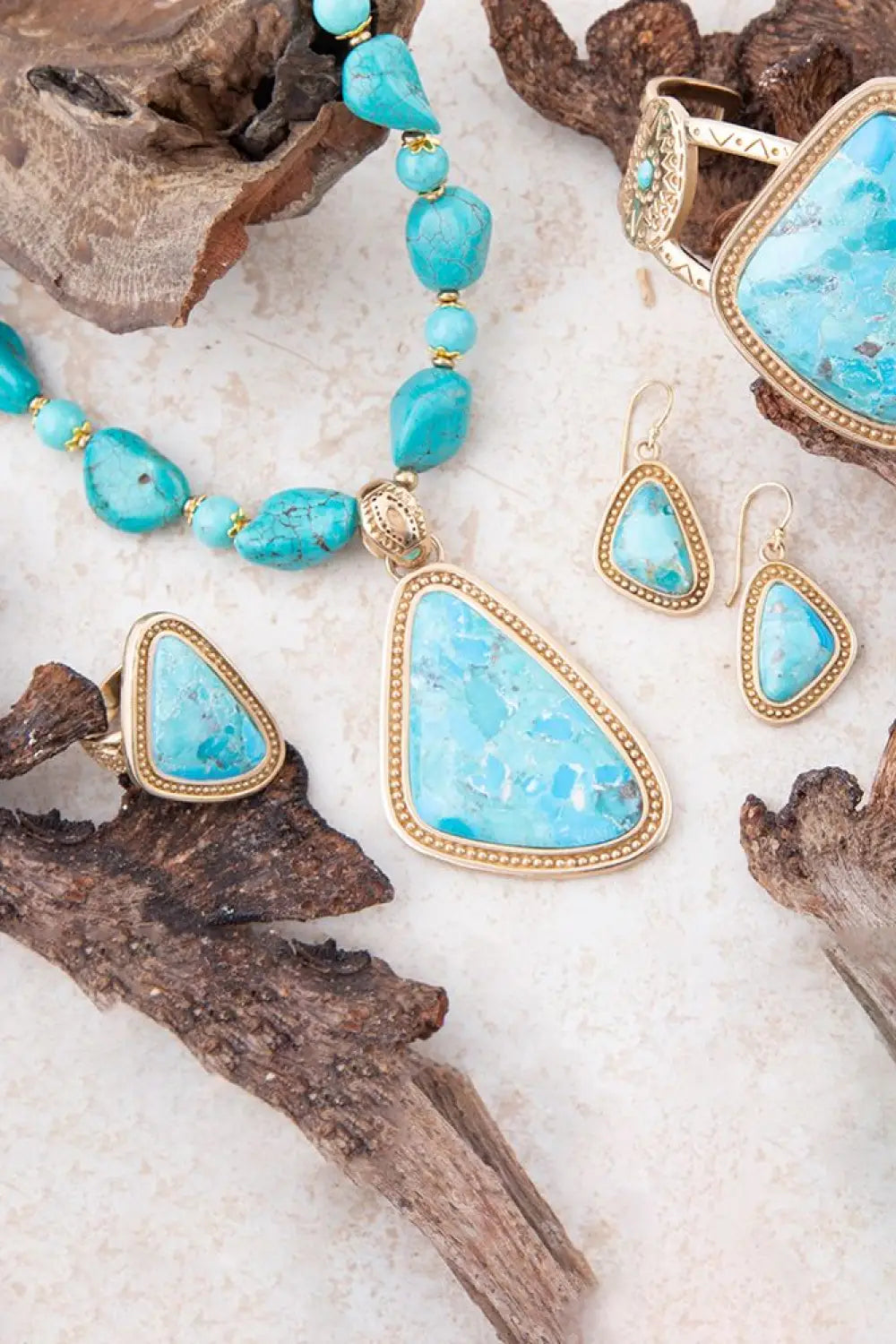 Blue Turquoise Triangle Golden Pendant Necklace - Necklaces