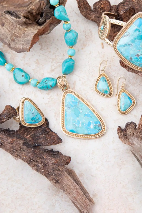 Blue Turquoise Triangle Golden Pendant Necklace - Necklaces