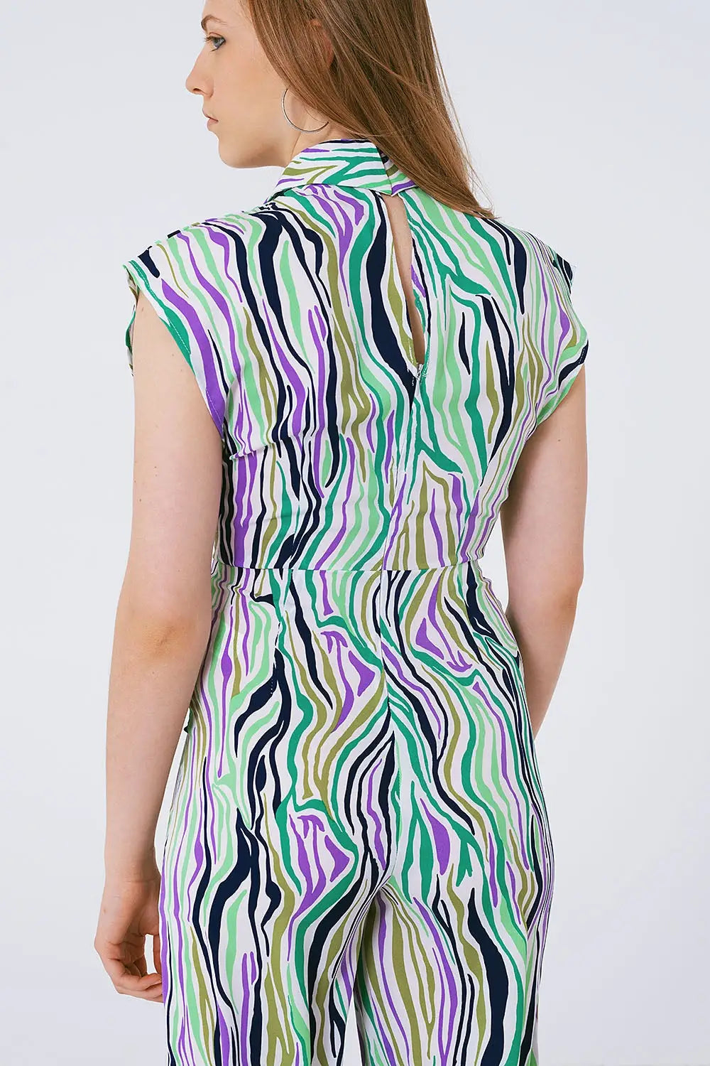 Jumpsuit With Smoking Collard in Multicolored Abstract Print - Dresses