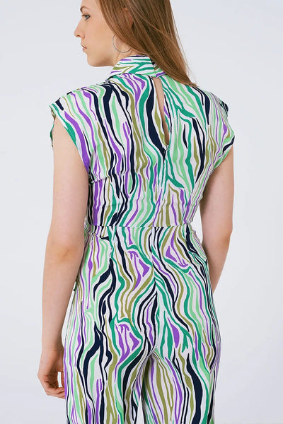 Jumpsuit With Smoking Collard in Multicolored Abstract Print - Dresses