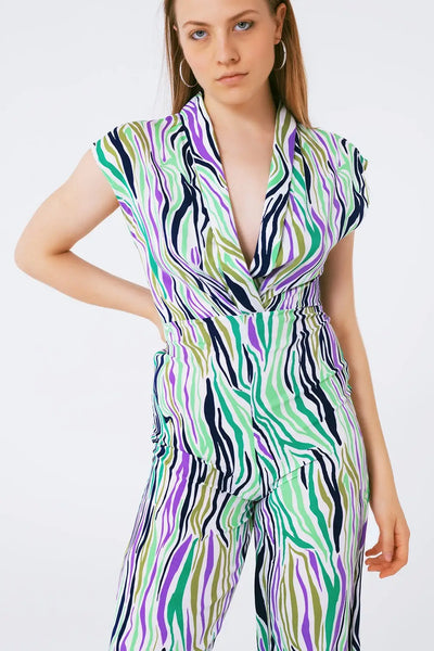 Jumpsuit With Smoking Collard in Multicolored Abstract Print - Dresses