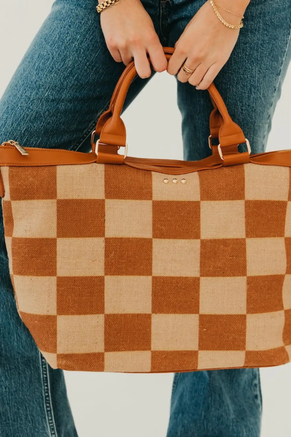June Jute Tote Bag - Checkered Brown - Tote Bag