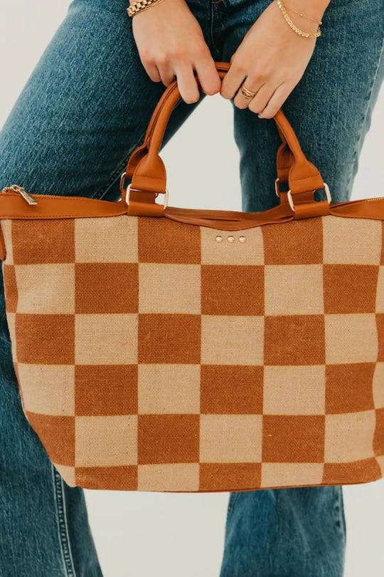 June Jute Tote Bag - Checkered Brown - Tote Bag