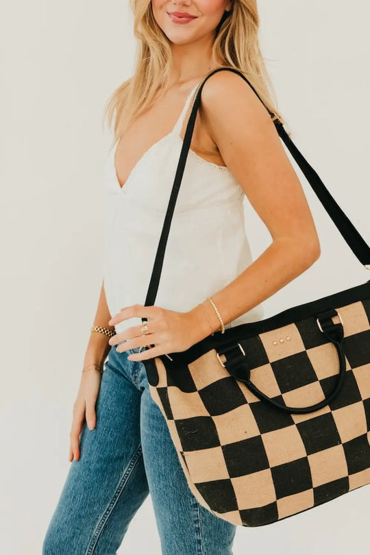 June Jute Tote Bag - Checkered Black - Tote Bag