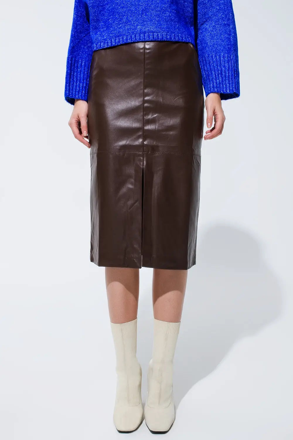 Jupe coupe crayon en simili-cuir marron - Jupes