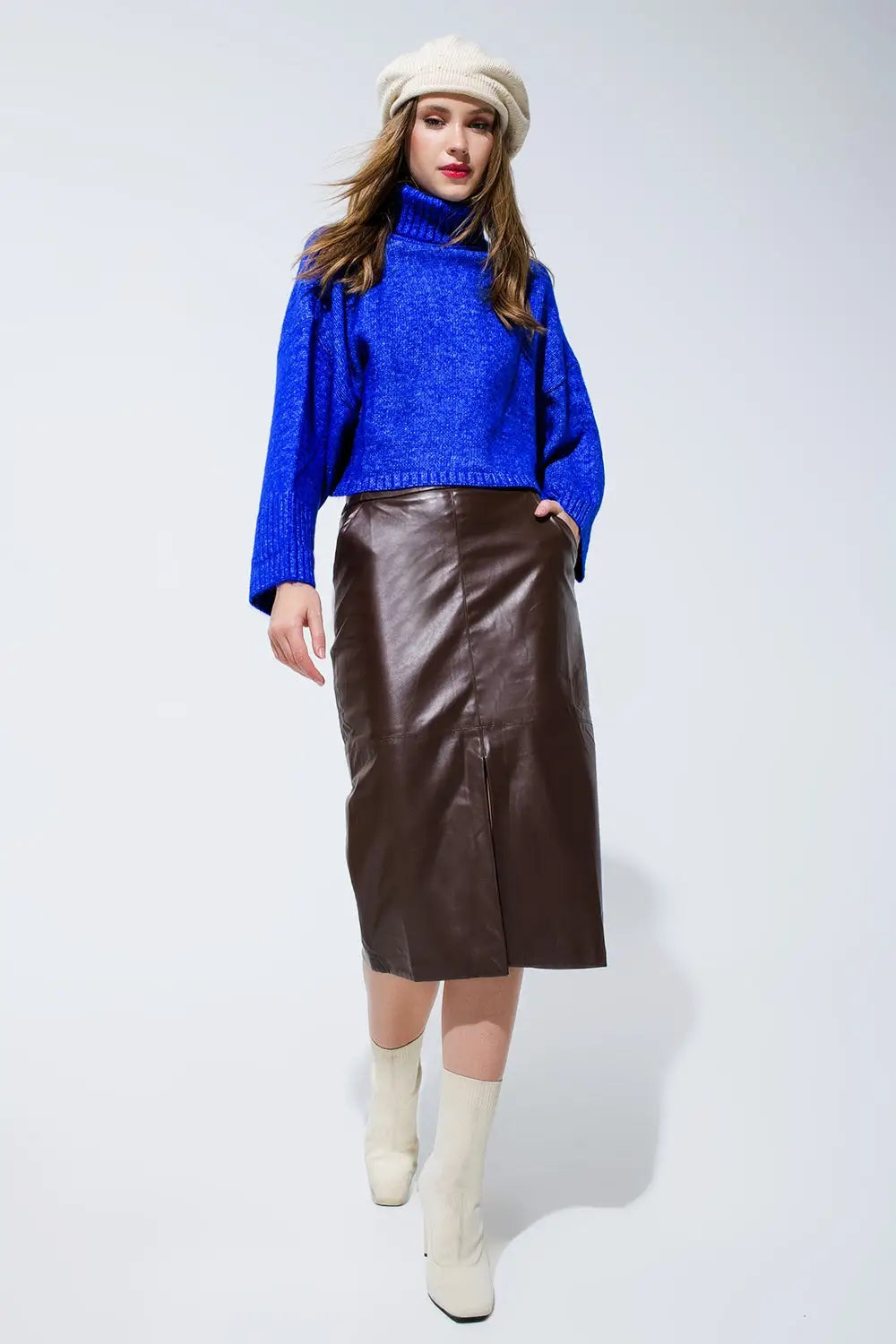 Jupe coupe crayon en simili-cuir marron - Jupes