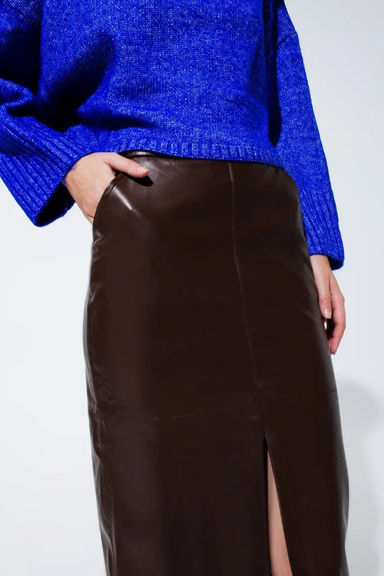 Jupe coupe crayon en simili-cuir marron - Jupes