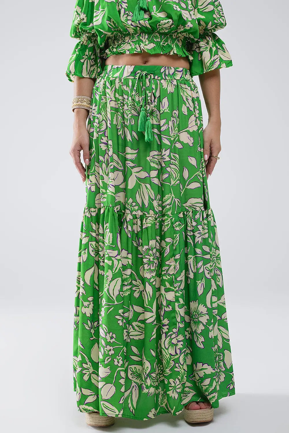 Q2 Jupe longue à pinces imprimé floral vert