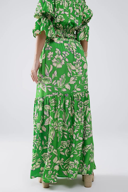Jupe longue à pinces imprimé floral vert - Jupes