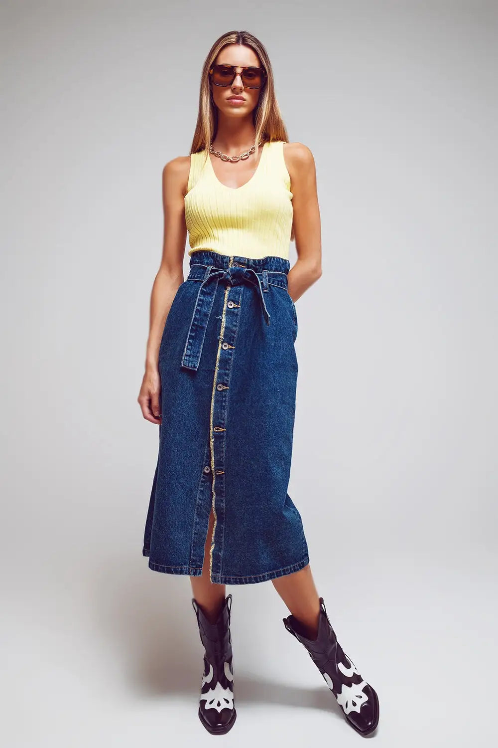 jupe longue boutonnée en jean à ceinture - Jupes