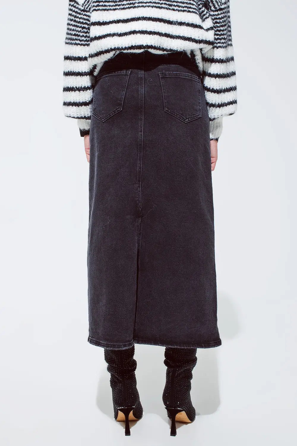 Jupe longue en denim noir avec fente dans le dos - Jupes