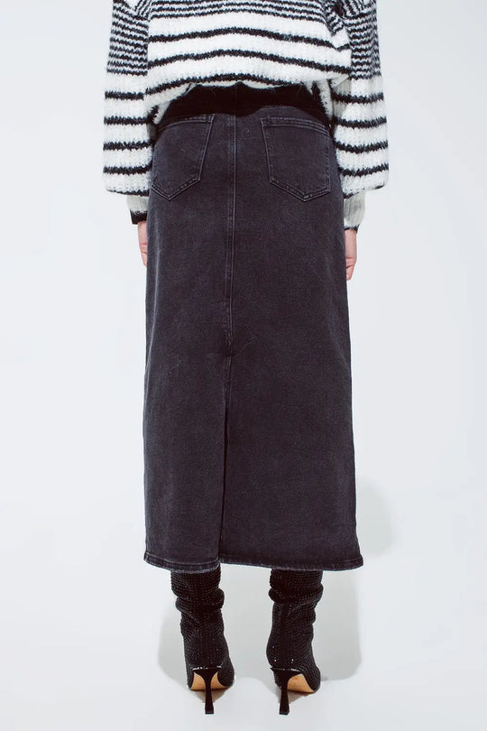 Jupe longue en denim noir avec fente dans le dos - Jupes