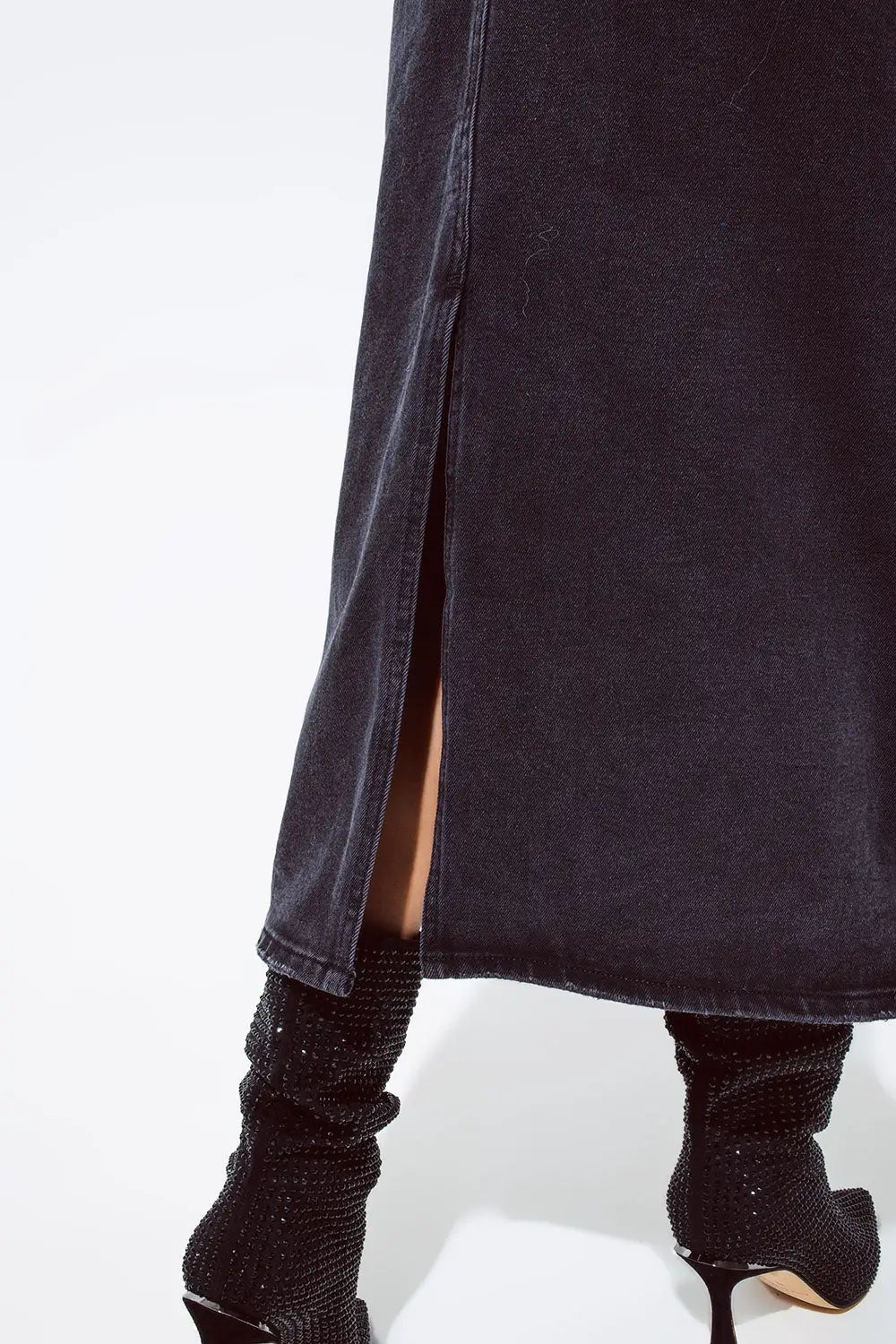 Jupe longue en denim noir avec fente dans le dos - Jupes