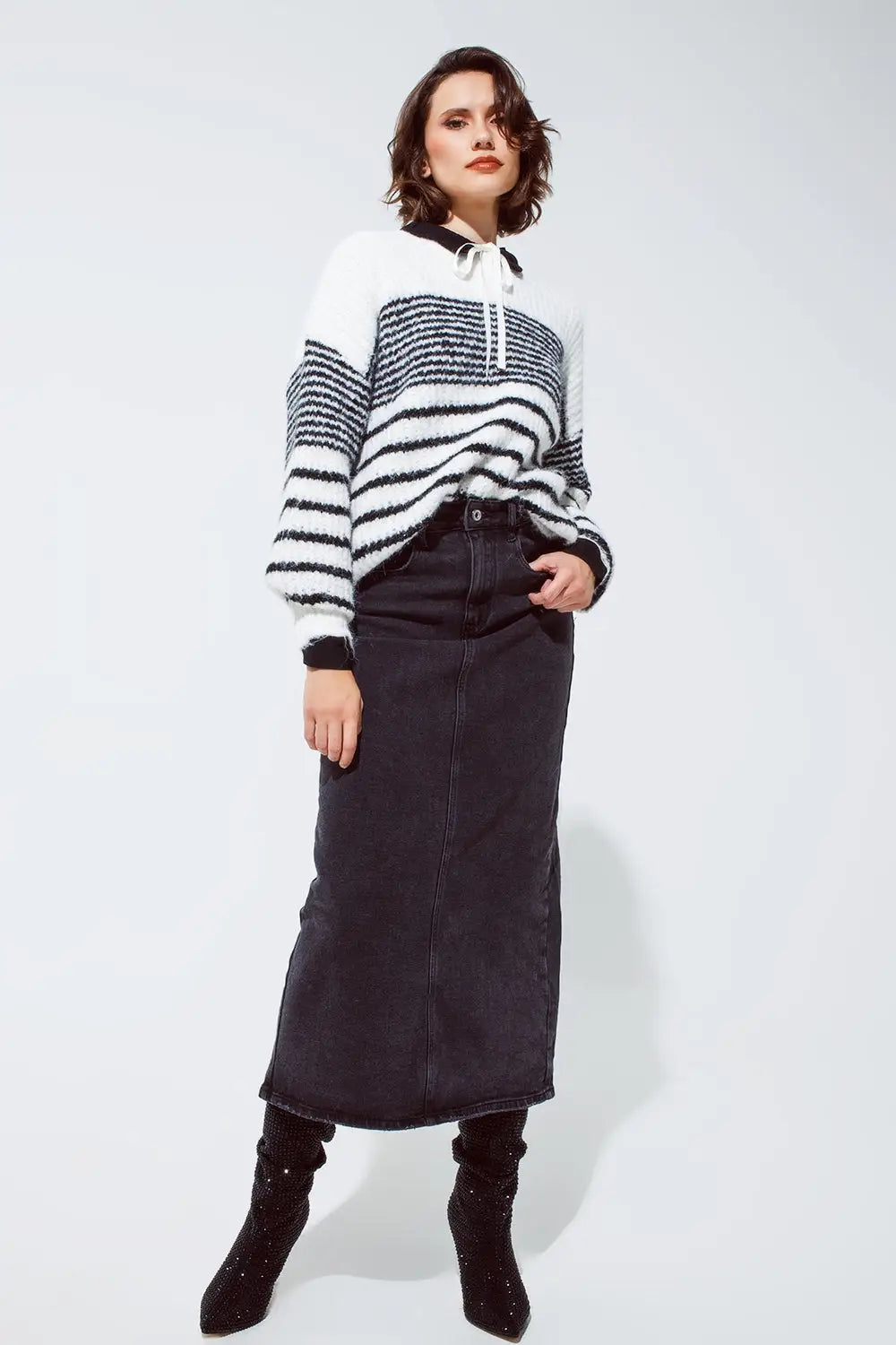 Jupe longue en denim noir avec fente dans le dos - Jupes